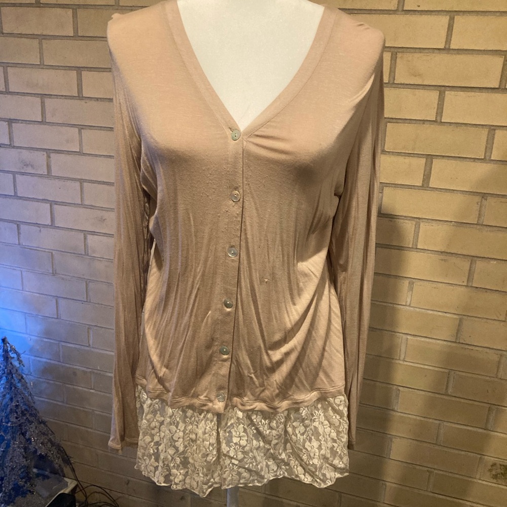 LOGO by Lori Goldstein Beige Button Down Shirt with Lace Hem